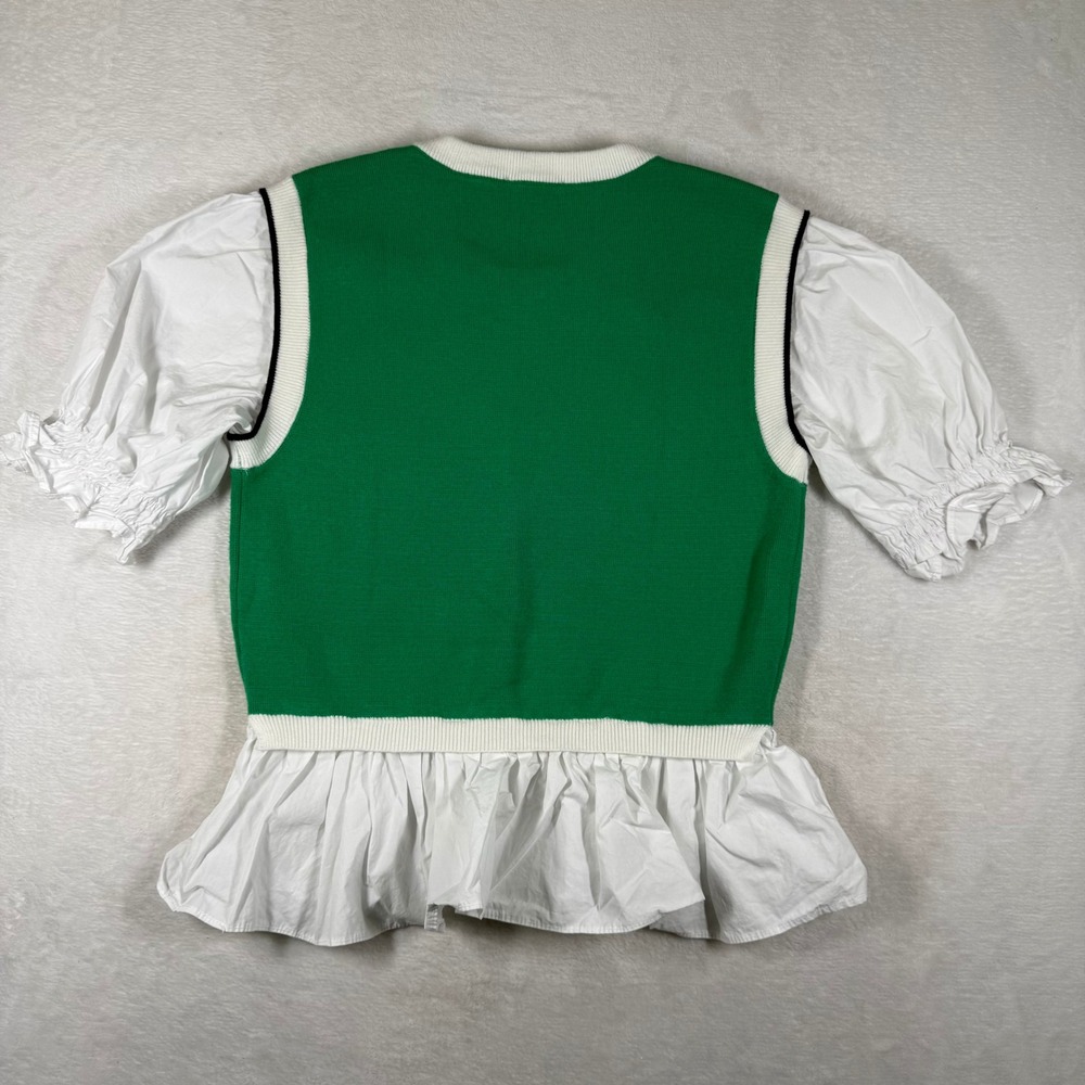 THML Green Knit Mixed Media Puff Sleeve Peplum Top WK0190-GN Small - Picture 7 of 8